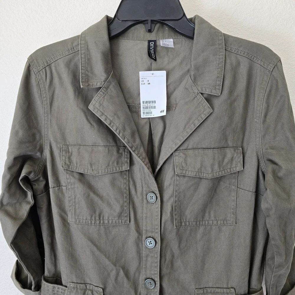 NWT H&M Coverall‎ Utility Jumpsuit Women Sz 6 Cotton Olive Green Barn Chore Work